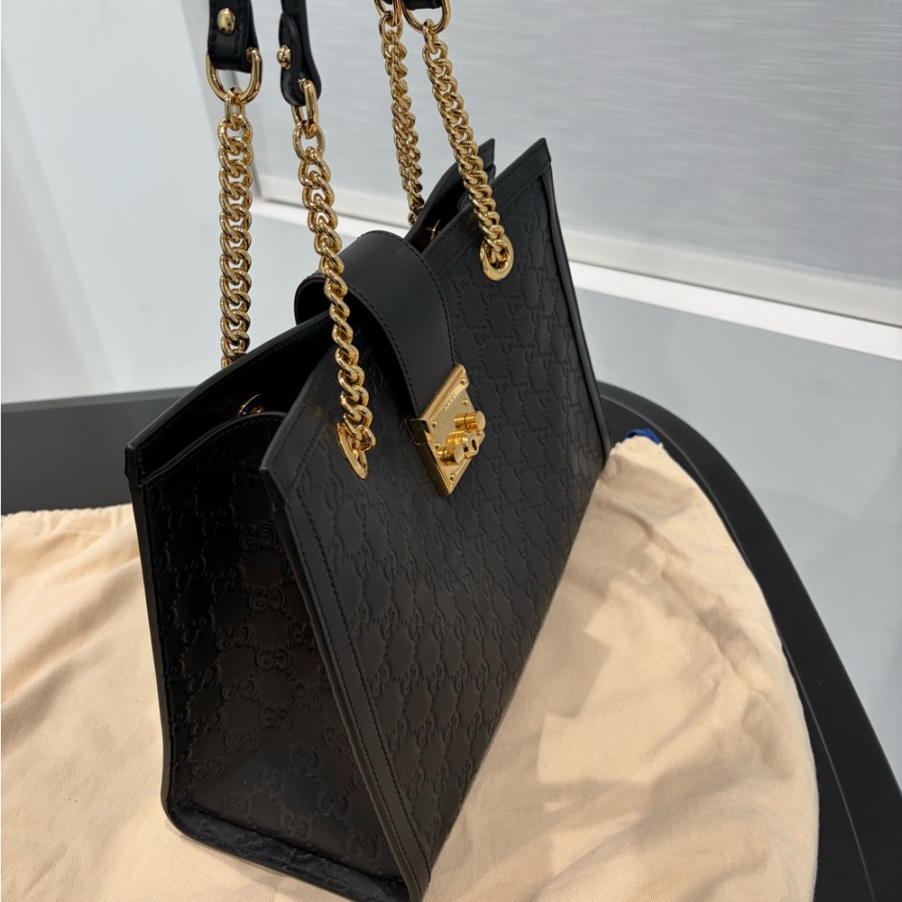 Gucci Black Leather Tote with Gold Chain Accents - Picture 6 of 7
